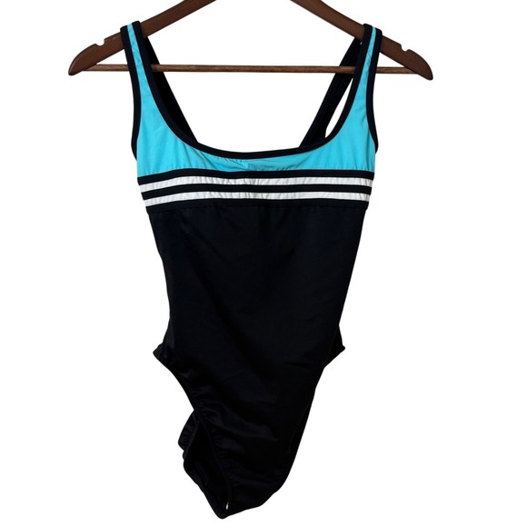 Miraclesuit One Piece Swimsuit Sz 8 Blue Black Stripe Retro Tummy Control - Picture 1 of 9